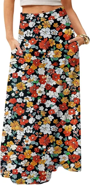 Midi Skirts for Women Summer High Waisted Pleated A-Line Swing Floral Long with Pockets