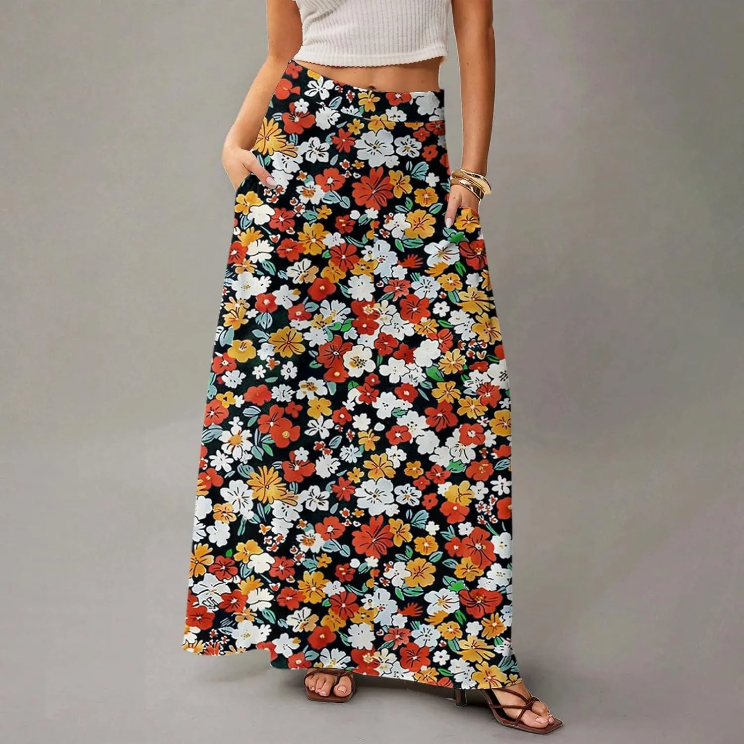 Midi Skirts for Women Summer High Waisted Pleated A-Line Swing Floral Long with Pockets