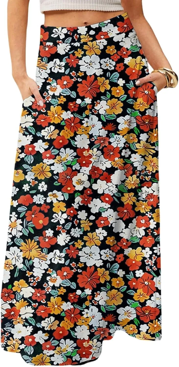 Midi Skirts for Women Summer High Waisted Pleated A-Line Swing Floral Long with Pockets