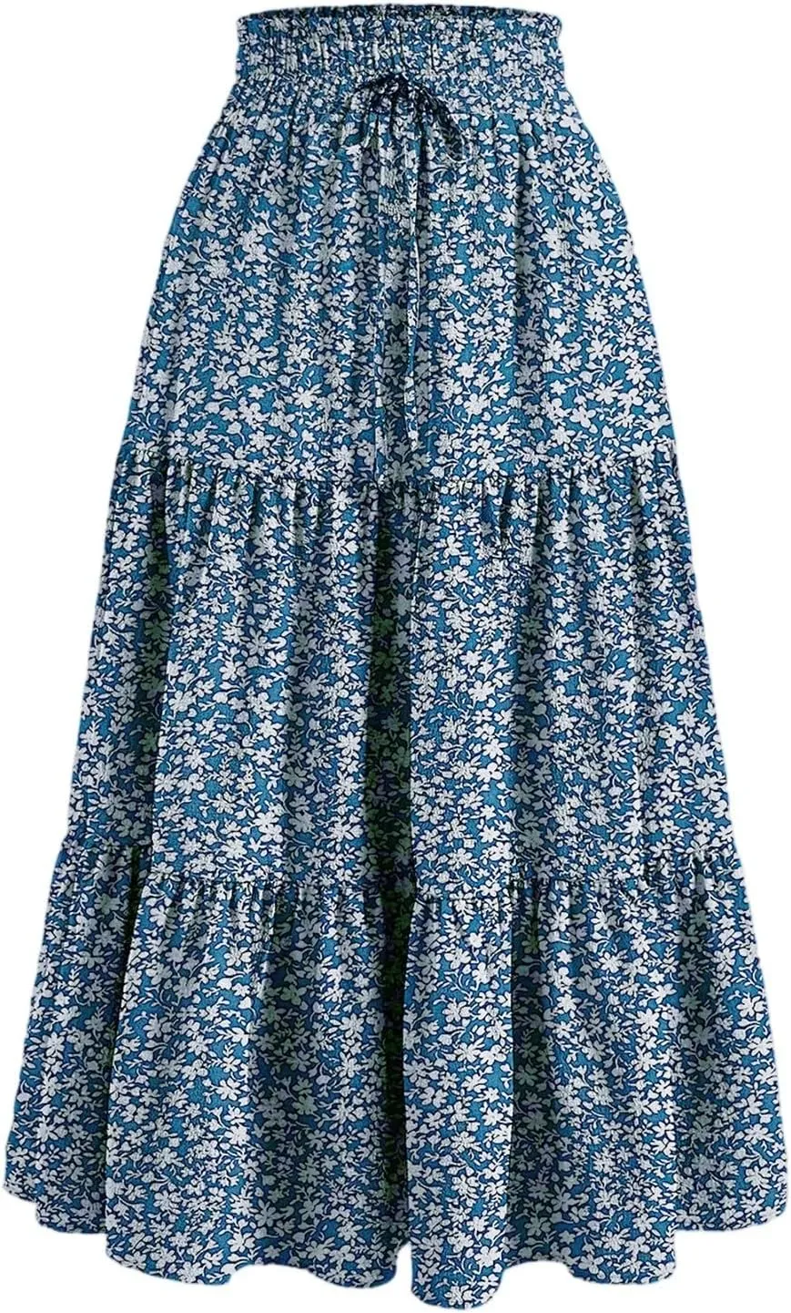 Midi Skirts for Women Summer Tiered Drawstring Elastic Waist Knee Length Skirts Pleated A Line Boho Solid Plain Skirts
