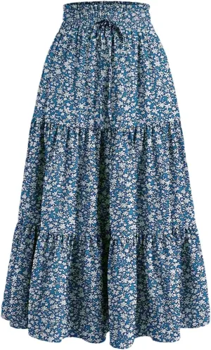 Midi Skirts for Women Summer Tiered Drawstring Elastic Waist Knee Length Skirts Pleated A Line Boho Solid Plain Skirts