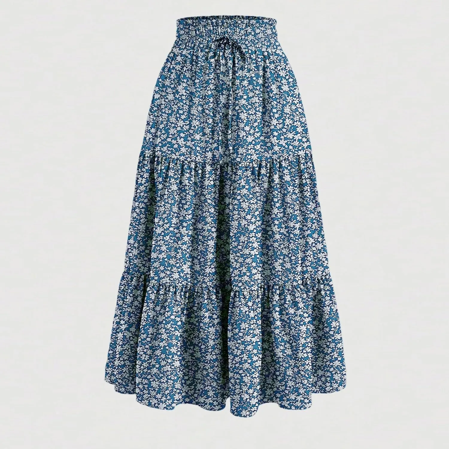 Midi Skirts for Women Summer Tiered Drawstring Elastic Waist Knee Length Skirts Pleated A Line Boho Solid Plain Skirts
