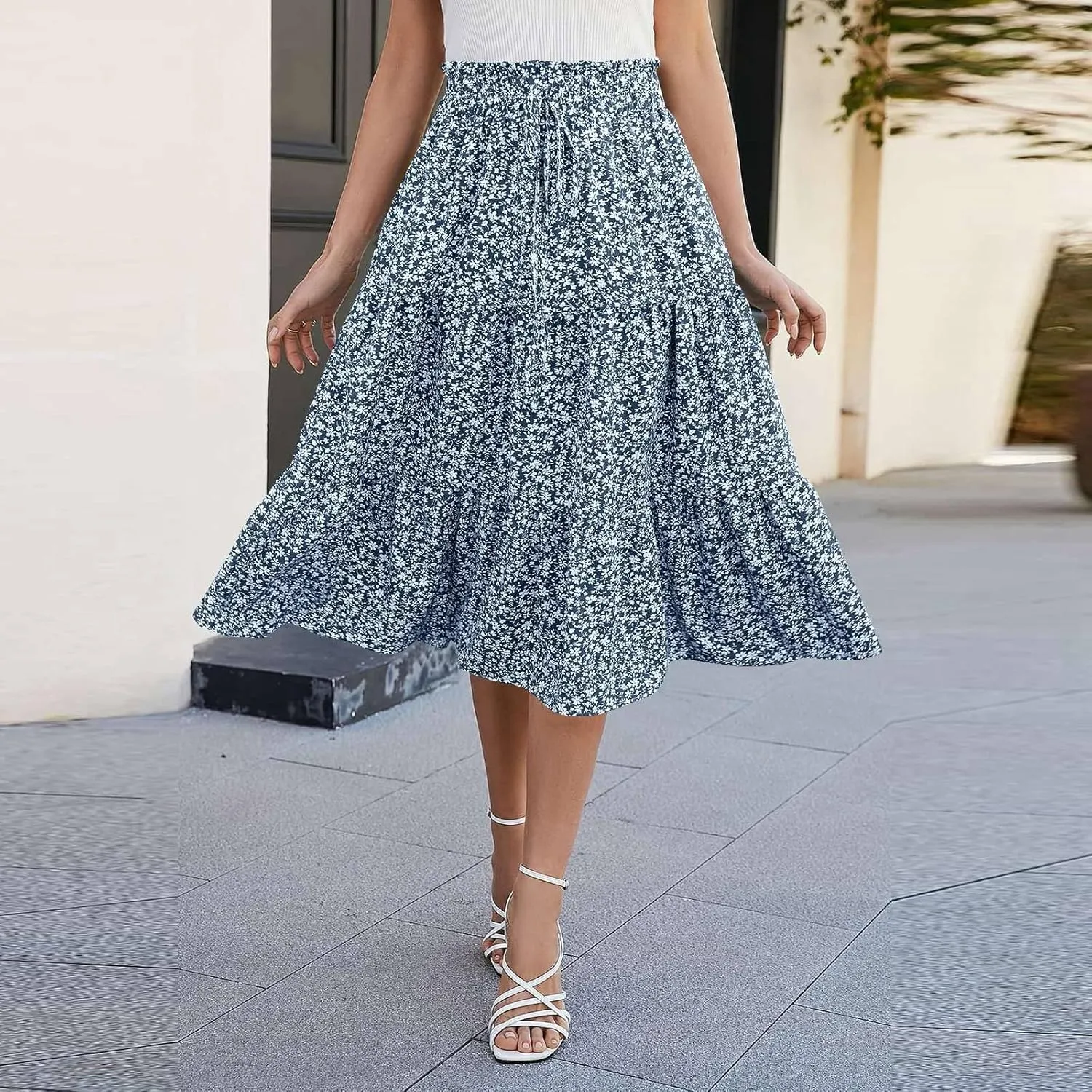 Midi Skirts for Women Summer Tiered Drawstring Elastic Waist Knee Length Skirts Pleated A Line Boho Solid Plain Skirts