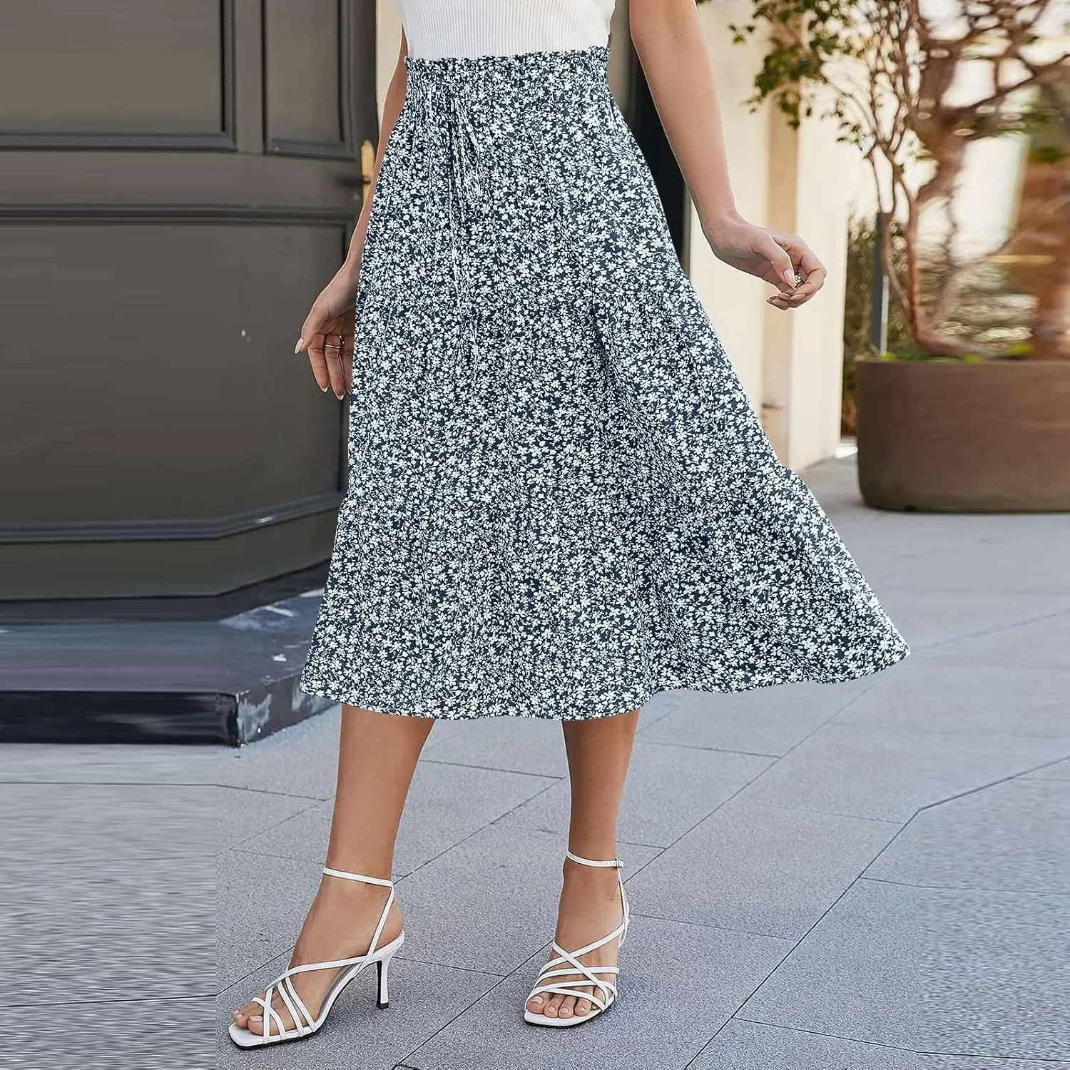 Midi Skirts for Women Summer Tiered Drawstring Elastic Waist Knee Length Skirts Pleated A Line Boho Solid Plain Skirts