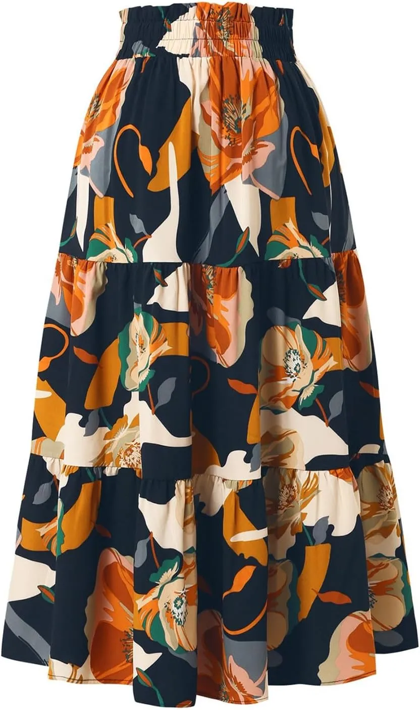 Midi Summer Skirts for Women Drawstring High Waist Knee Length Skirts Ruffle Layered Tiered Aline Boho Flowy Skirts