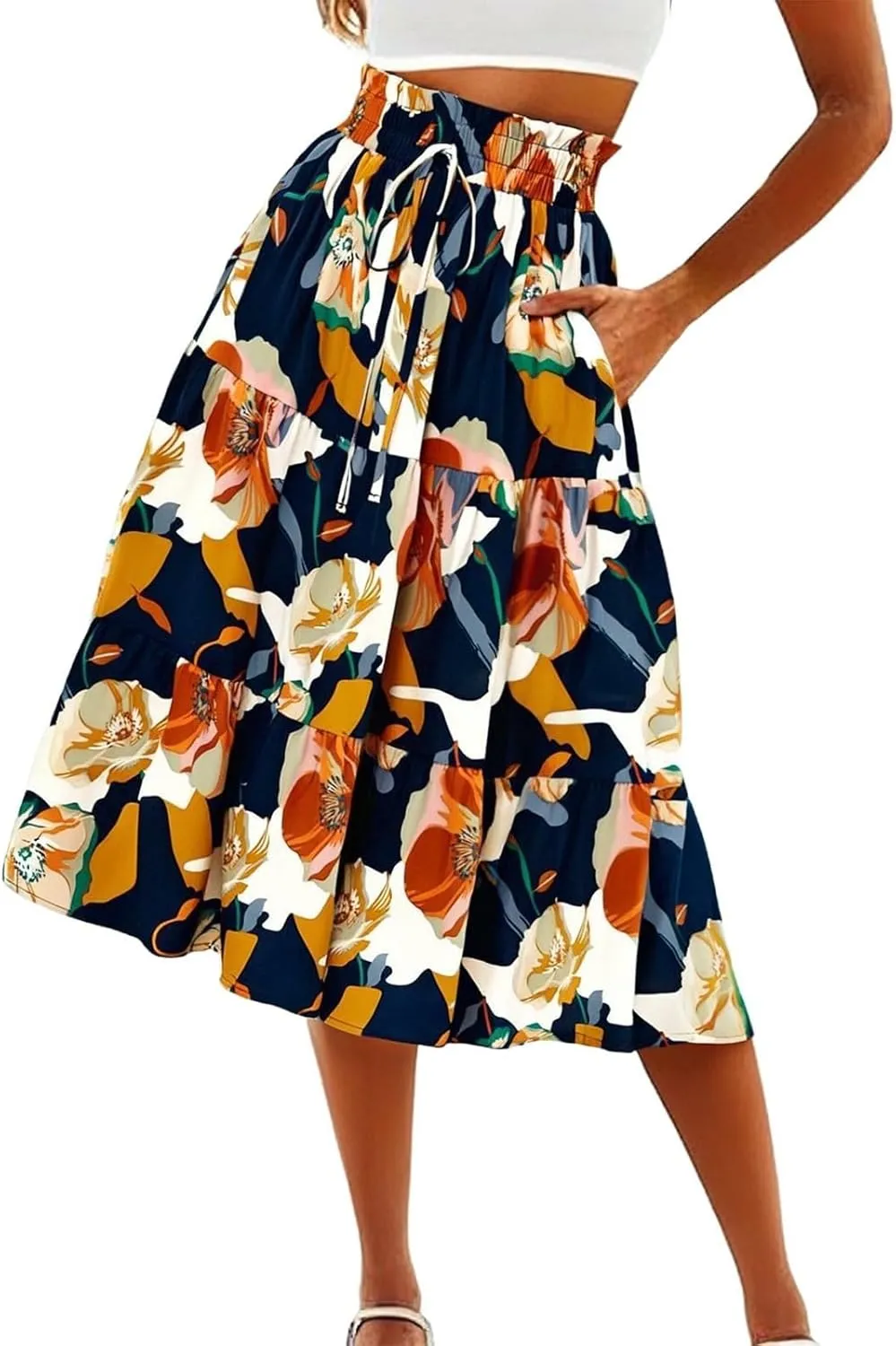 Midi Summer Skirts for Women Drawstring High Waist Knee Length Skirts Ruffle Layered Tiered Aline Boho Flowy Skirts