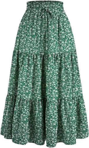 Midi Summer Skirts for Women Drawstring High Waist Knee Length Skirts Ruffle Layered Tiered Aline Boho Flowy Skirts