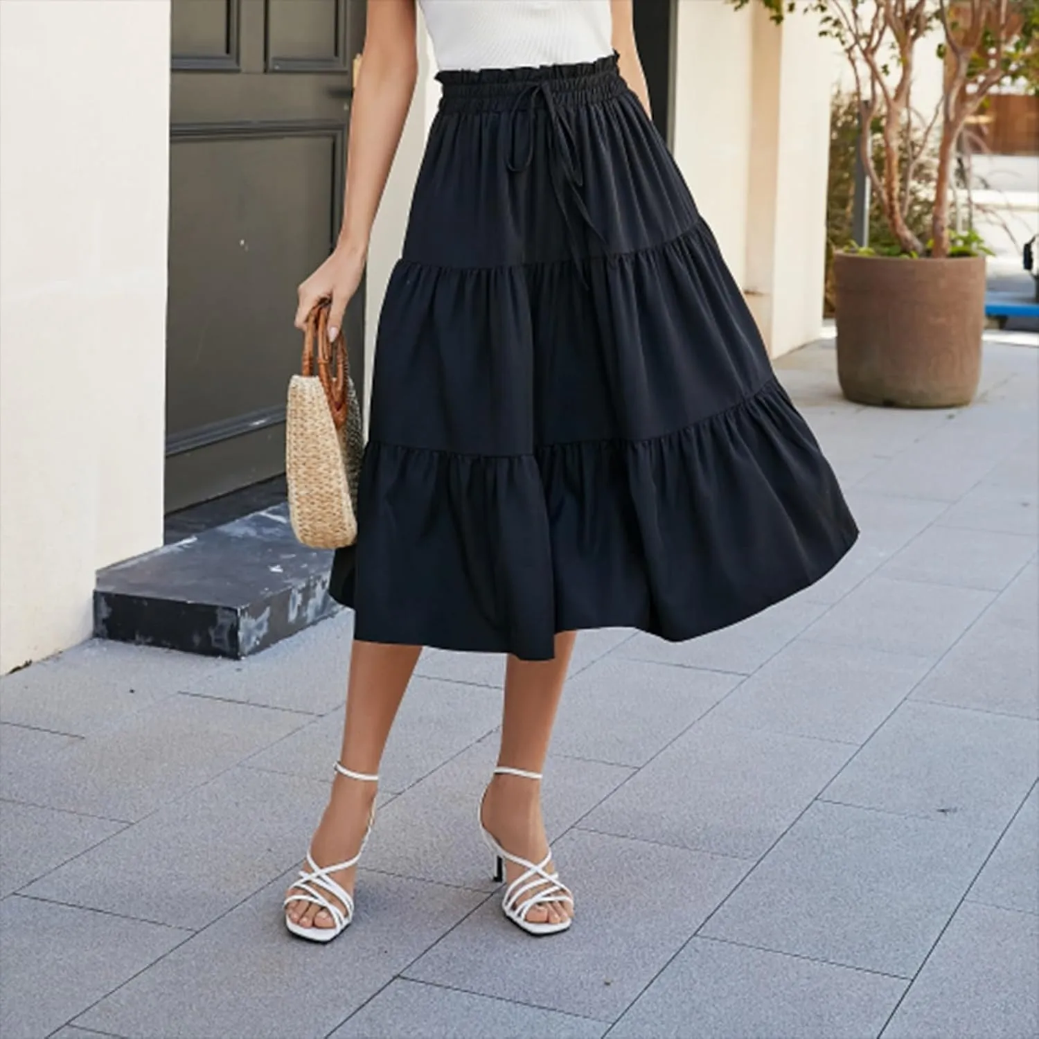 Midi Summer Skirts for Women Drawstring High Waist Knee Length Skirts Ruffle Layered Tiered Aline Boho Flowy Skirts