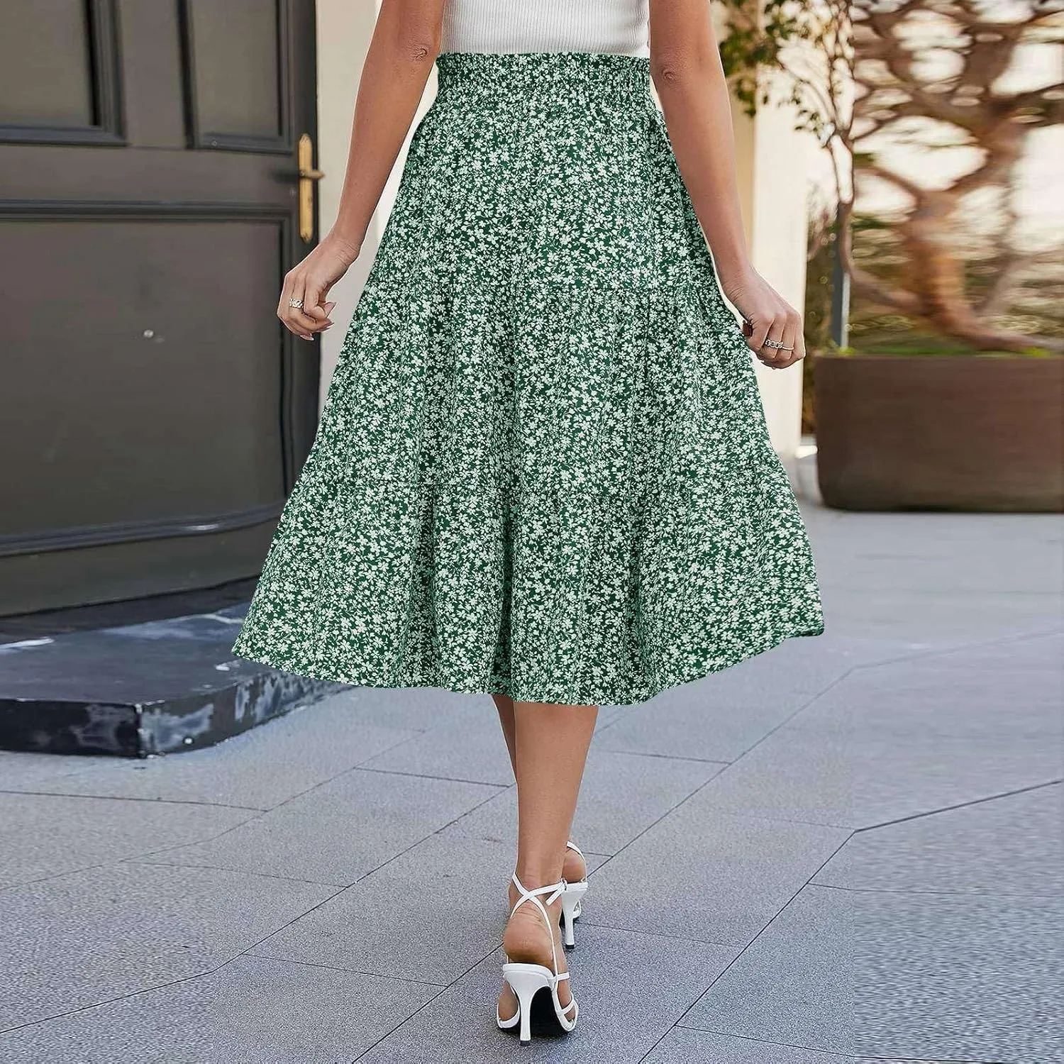 Midi Summer Skirts for Women Drawstring High Waist Knee Length Skirts Ruffle Layered Tiered Aline Boho Flowy Skirts
