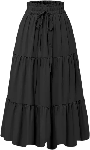 Midi Summer Skirts for Women Drawstring High Waist Knee Length Skirts Ruffle Layered Tiered Aline Boho Flowy Skirts