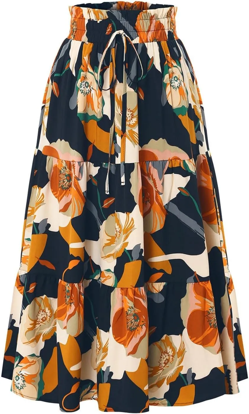 Midi Summer Skirts for Women Drawstring High Waist Knee Length Skirts Ruffle Layered Tiered Aline Boho Flowy Skirts