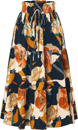 Midi Summer Skirts for Women Drawstring High Waist Knee Length Skirts Ruffle Layered Tiered Aline Boho Flowy Skirts
