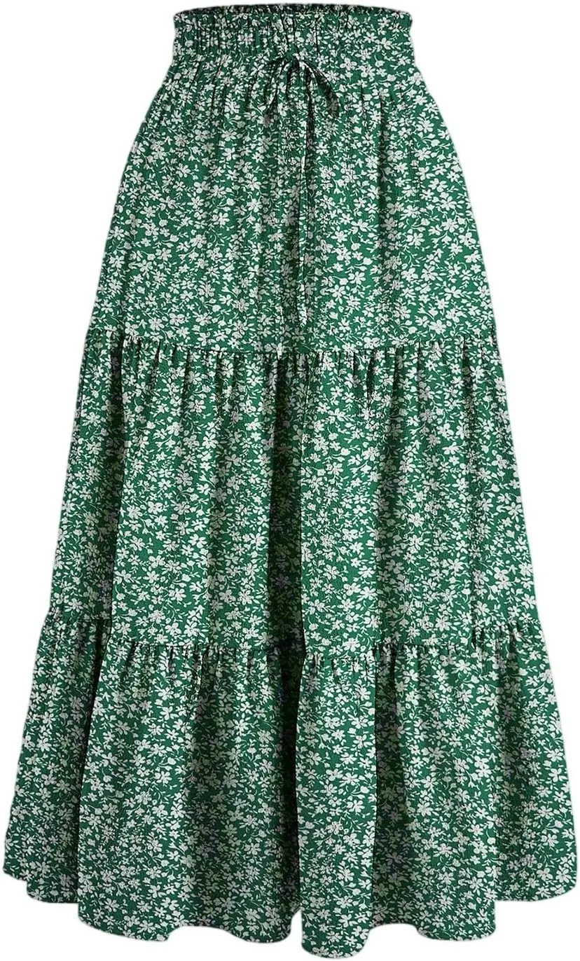 Midi Summer Skirts for Women Drawstring High Waist Knee Length Skirts Ruffle Layered Tiered Aline Boho Flowy Skirts