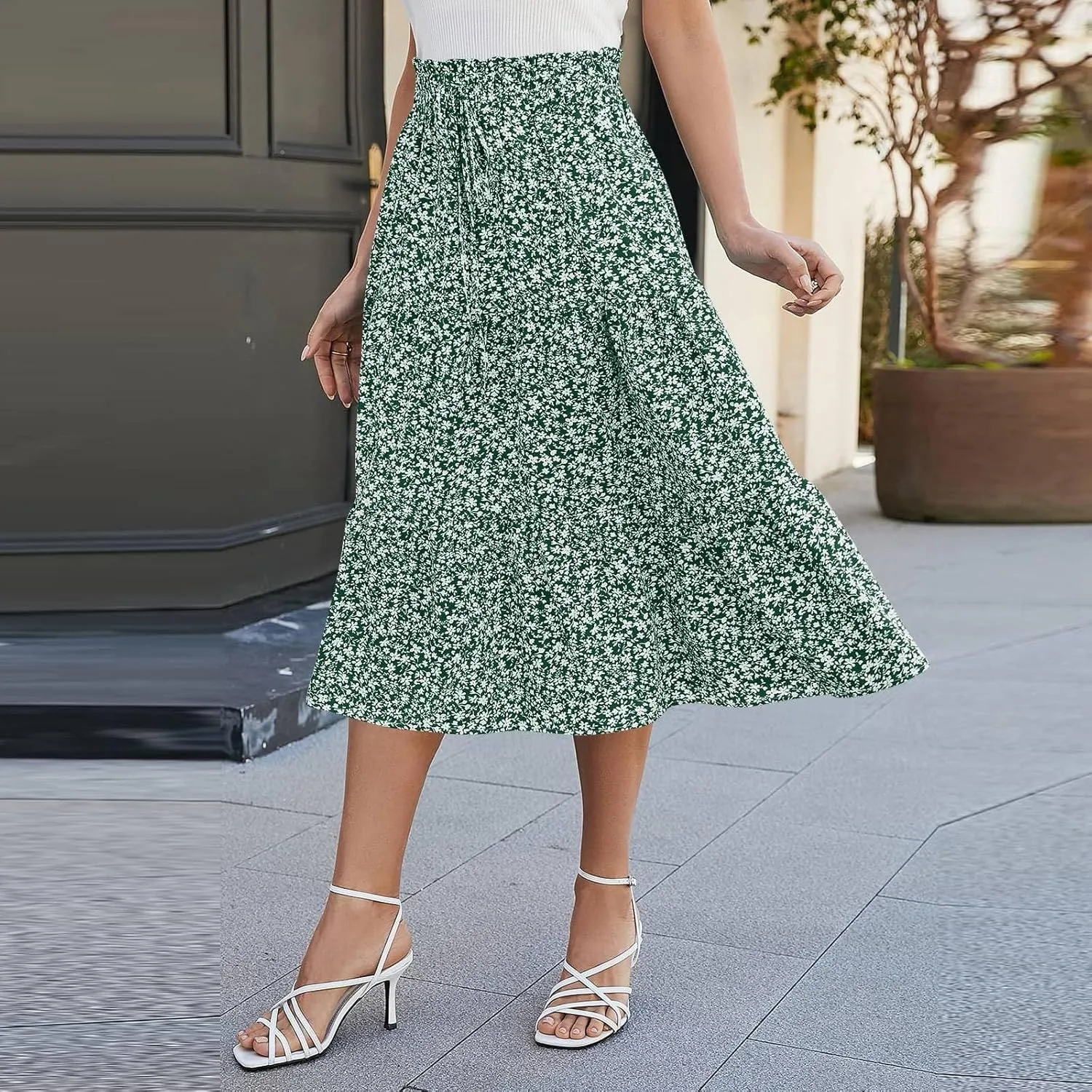Midi Summer Skirts for Women Drawstring High Waist Knee Length Skirts Ruffle Layered Tiered Aline Boho Flowy Skirts