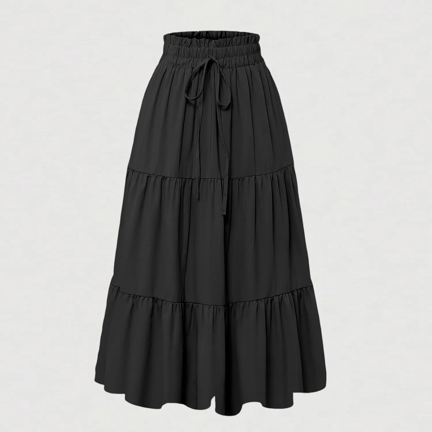 Midi Summer Skirts for Women Drawstring High Waist Knee Length Skirts Ruffle Layered Tiered Aline Boho Flowy Skirts