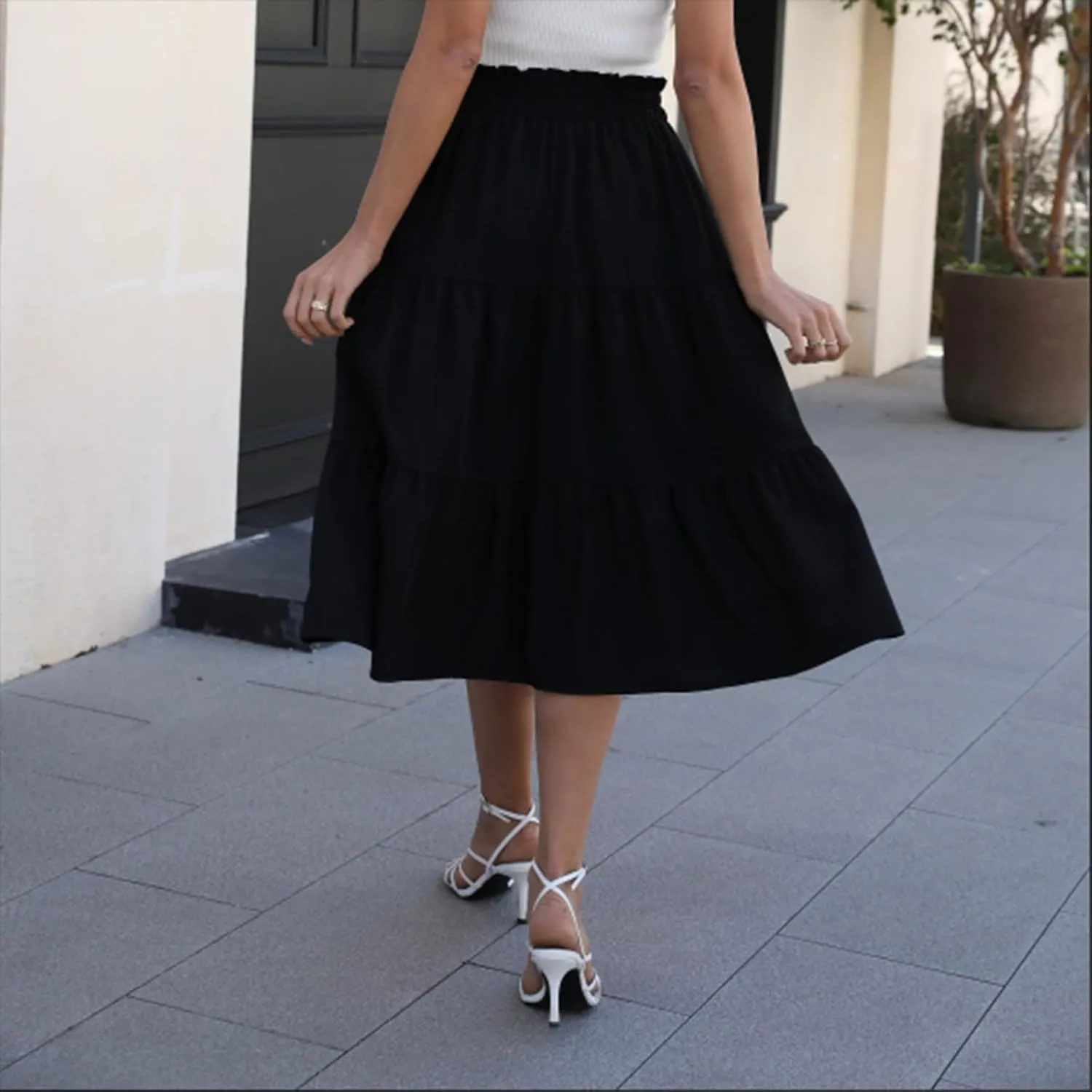 Midi Summer Skirts for Women Drawstring High Waist Knee Length Skirts Ruffle Layered Tiered Aline Boho Flowy Skirts