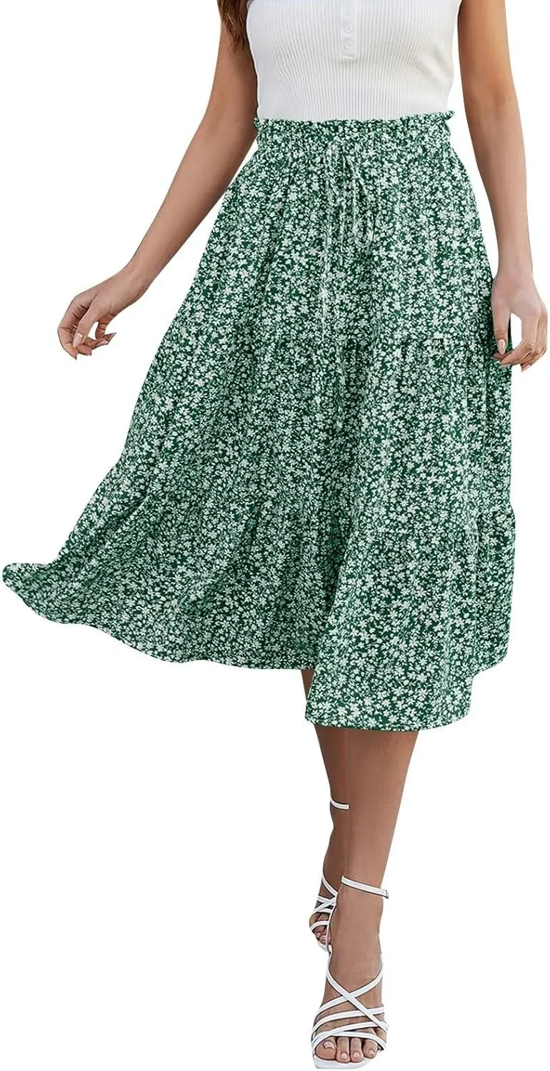 Midi Summer Skirts for Women Drawstring High Waist Knee Length Skirts Ruffle Layered Tiered Aline Boho Flowy Skirts