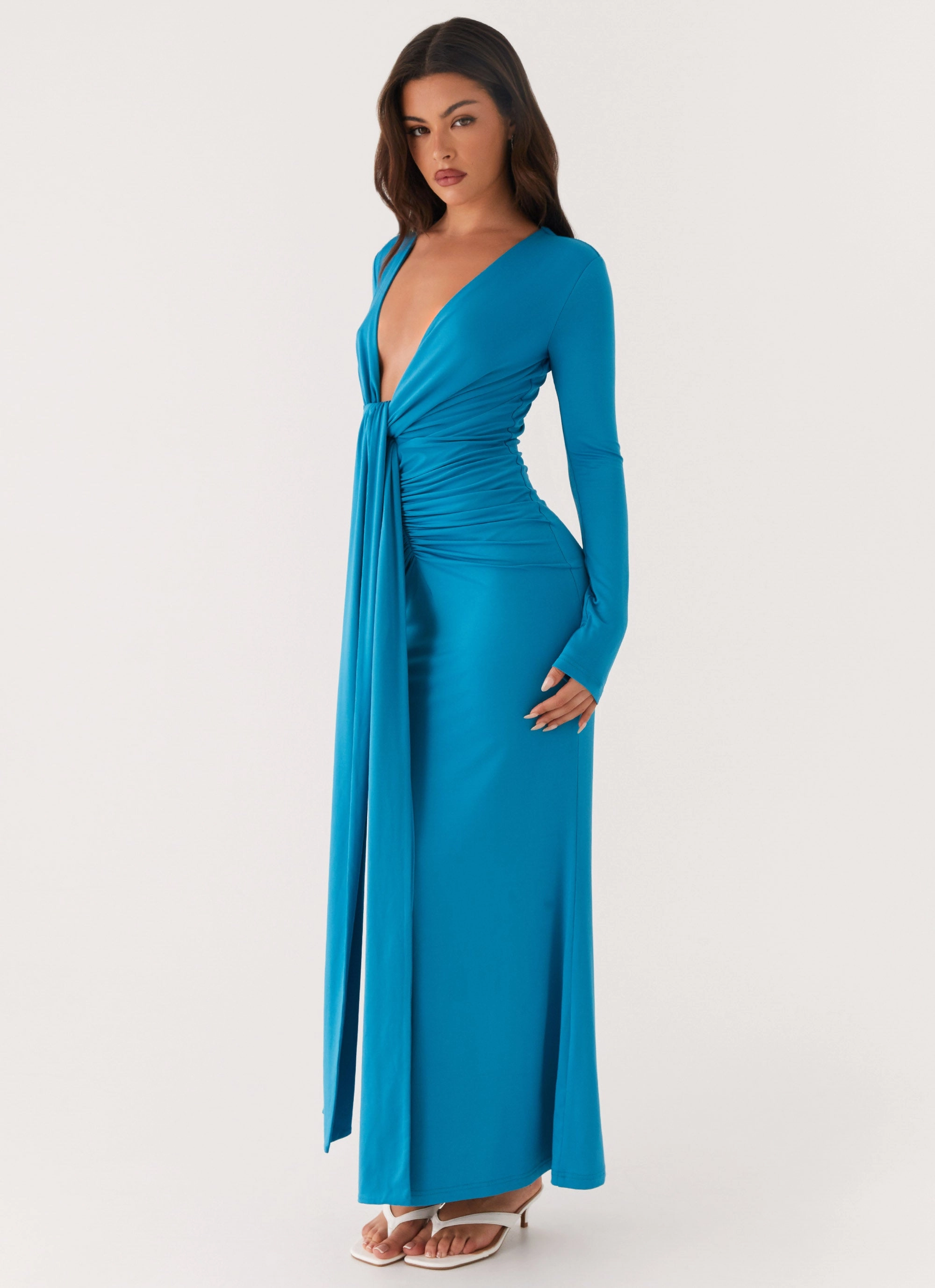 Minimalist fit-and-flare Smart Tones Miesha Long Sleeve Maxi Dress - Blue