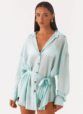 Miley Oversized Chiffon Shirt - Pale Blue Odor Resistant Material Miley Oversized Chiffon Shirt - Pale Blue Classic Crewneck Design