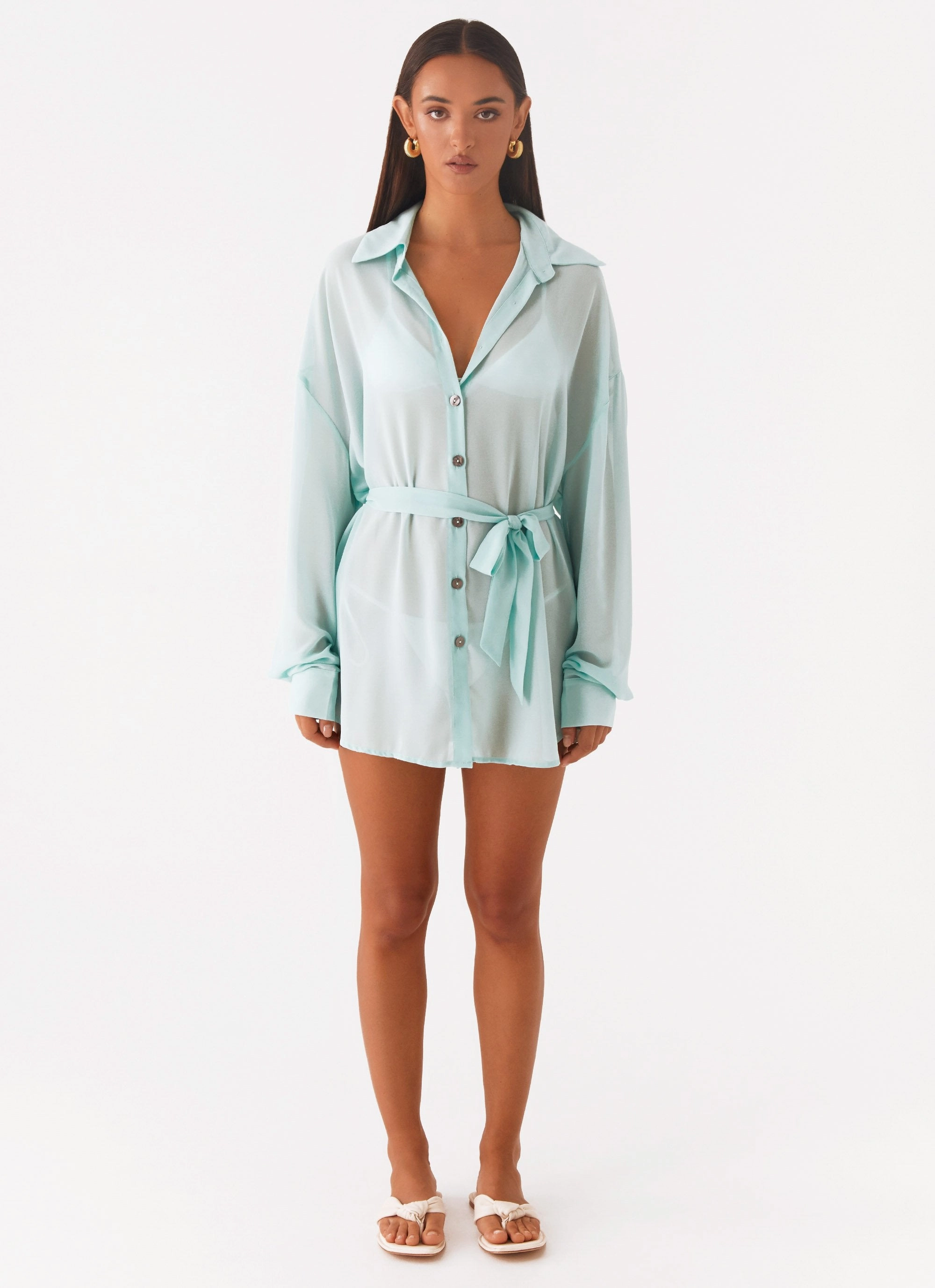 Miley Oversized Chiffon Shirt - Pale Blue Lightweight Blouse WrinkleResistant