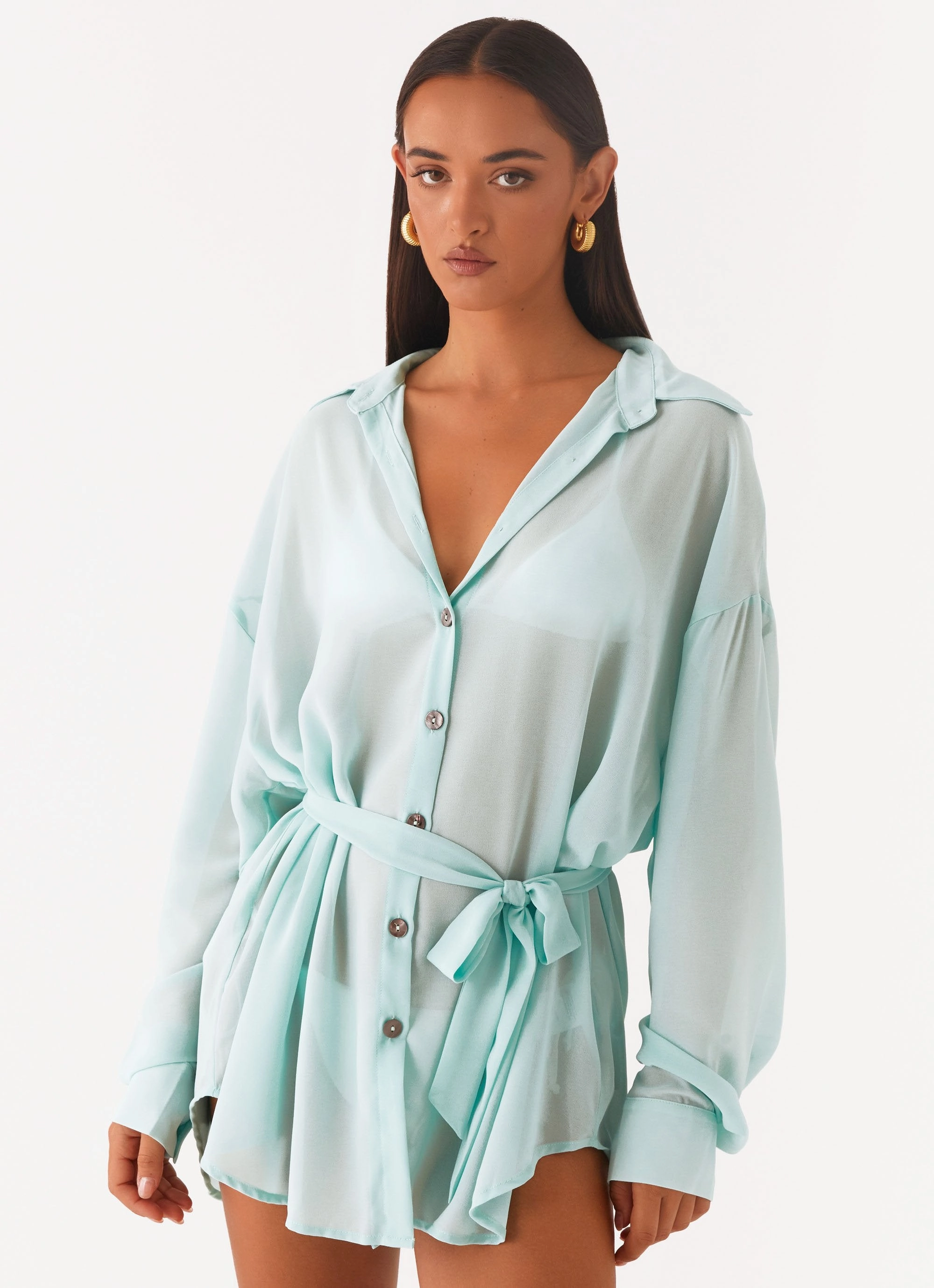 Miley Oversized Chiffon Shirt - Pale Blue Classic Crewneck Design