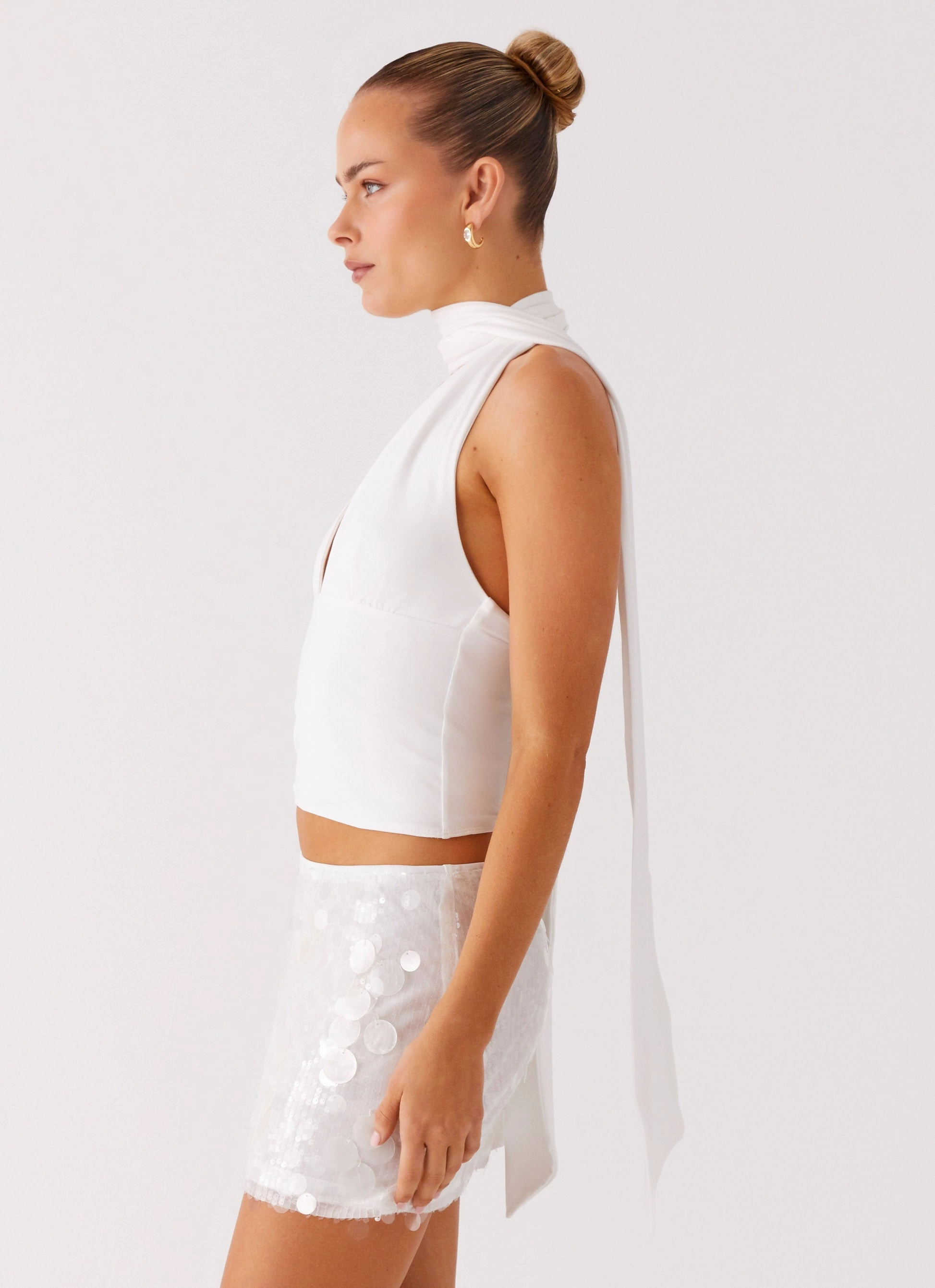 Milos Scarf Halter Neck Top - White FourWayStretch Contemporary Cut