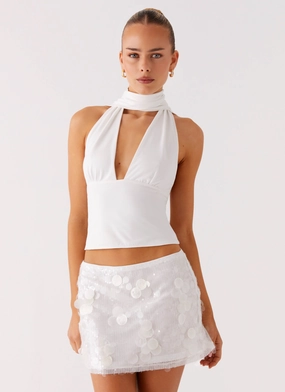 Milos Scarf Halter Neck Top - White Mesh Lined Interior Milos Scarf Halter Neck Top - White FadeResistantTechnology