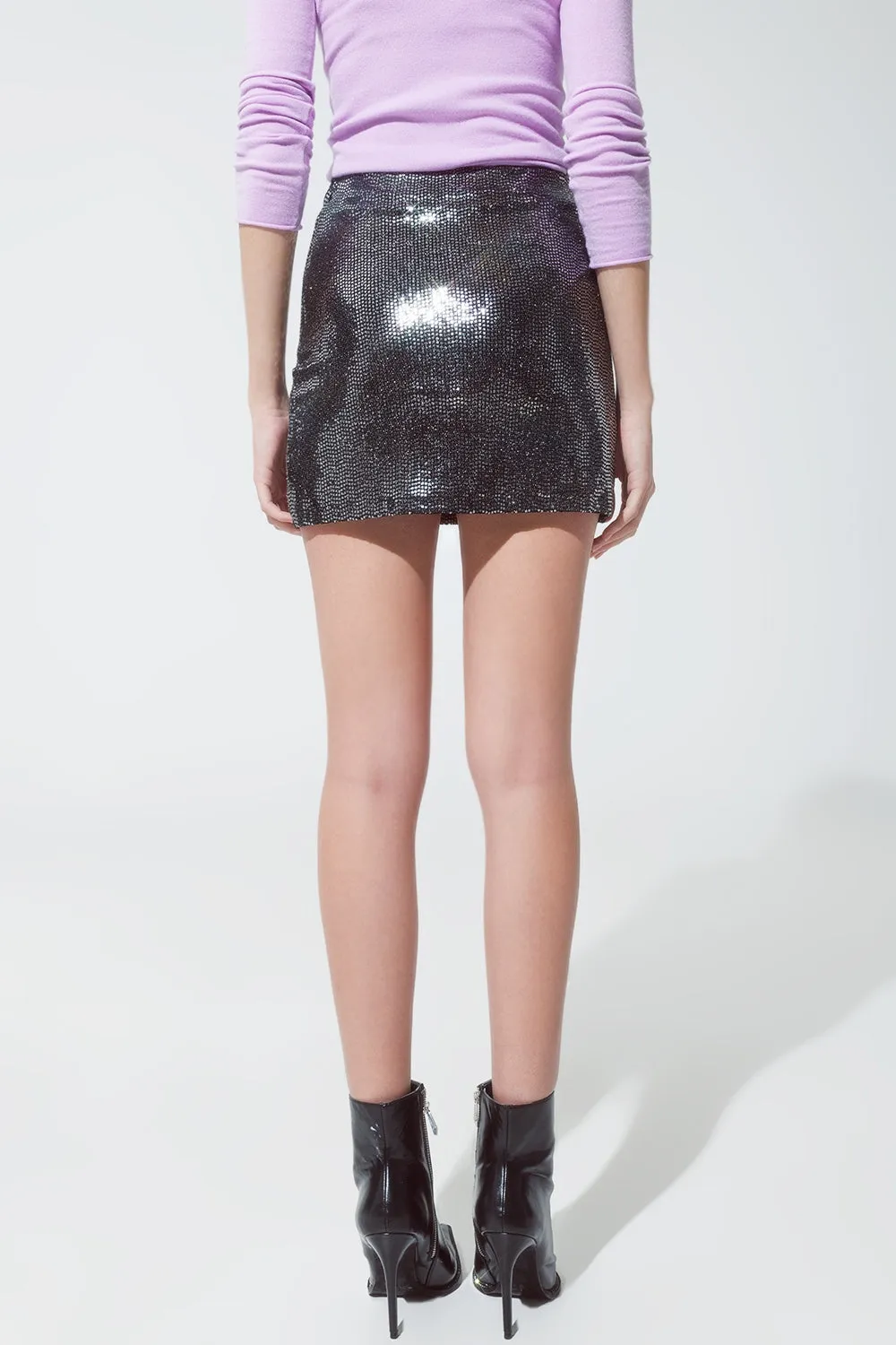 mini skirt with glitter and slit in silver