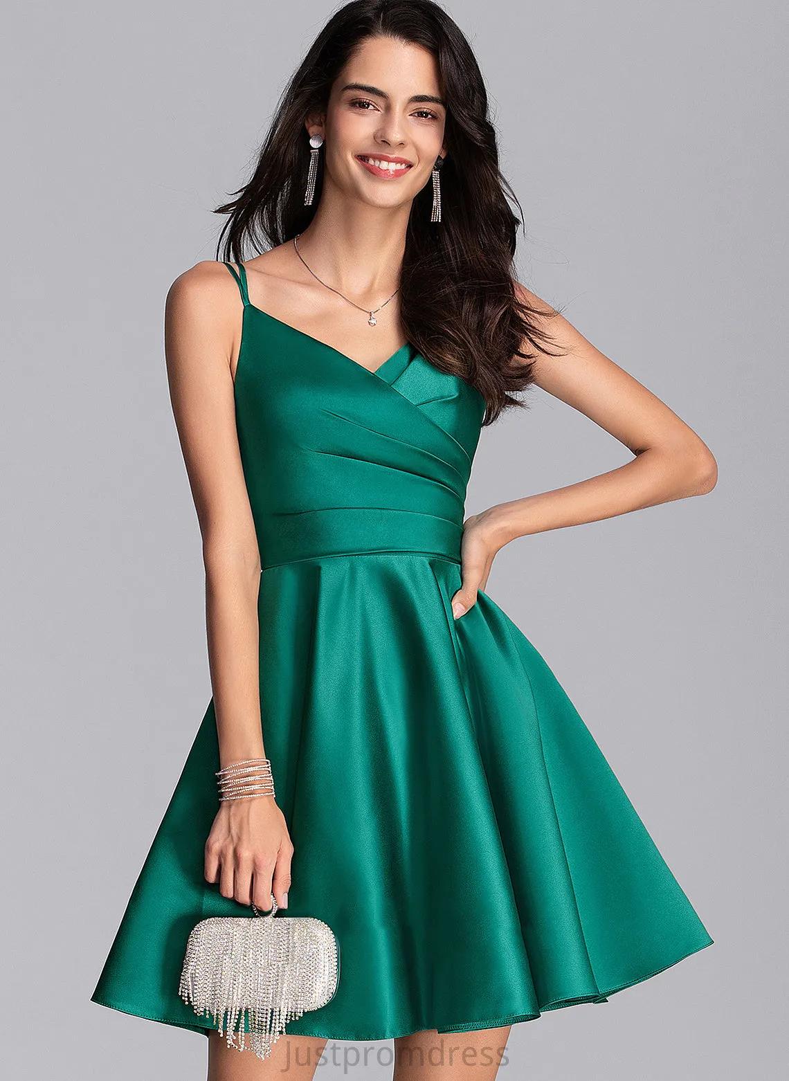 Mini Vanessa A-line V-Neck Pockets Sleeveless Ruffle Club Dresses Satin Satin Dresses