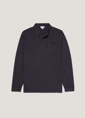 Minimalist Comfort Men's Riviera Long Sleeve Polo Shirt in Navy Luxury Look Quick Comfort Men's Riviera Long Sleeve Polo Shirt in Navy