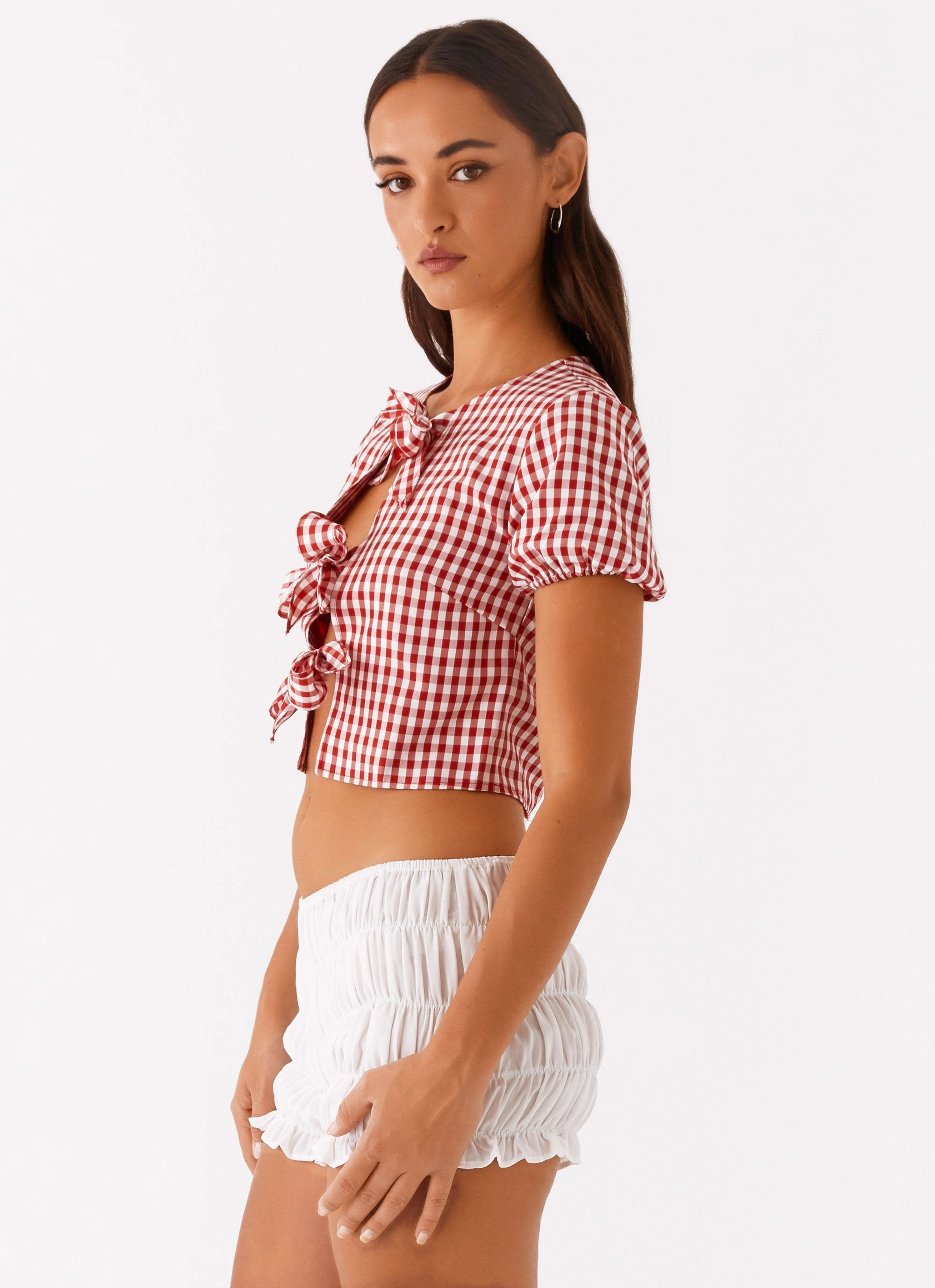 Stretchable Material WideNeckOpening Pandora Blouse - Red Gingham