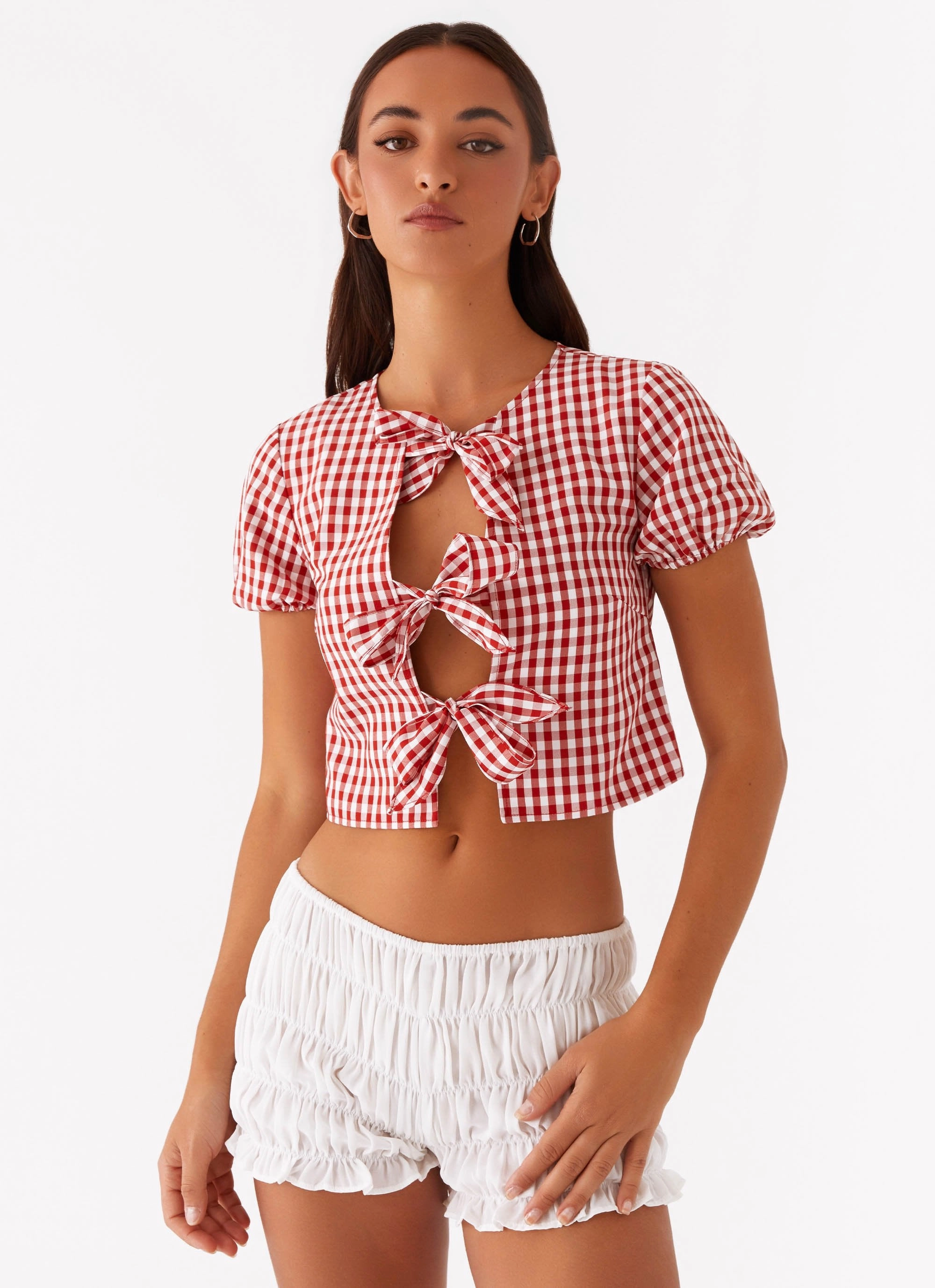 Pandora Blouse - Red Gingham Two Tone Texture Effect Bluesign Approved Material