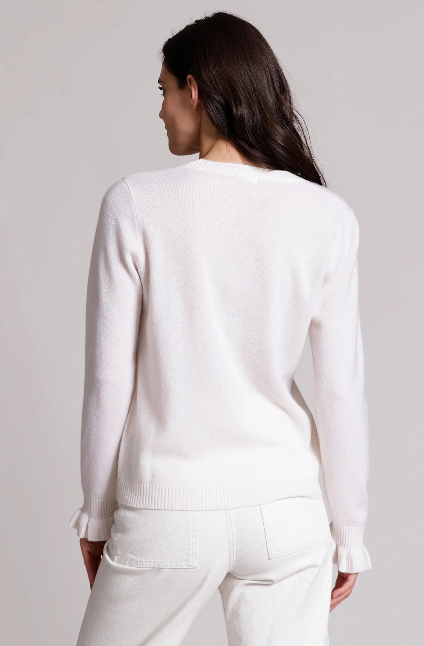 Cozy Choice Soft and Warm Minnie Rose Cashmere V Neck Ruffle Cardi White