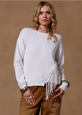Minnie Rose Cotton Cashmere Fringe Trim Crew Neck Active Wear Chilly Knit Layering Essential Minnie Rose Cotton Cashmere Fringe Trim Crew Neck