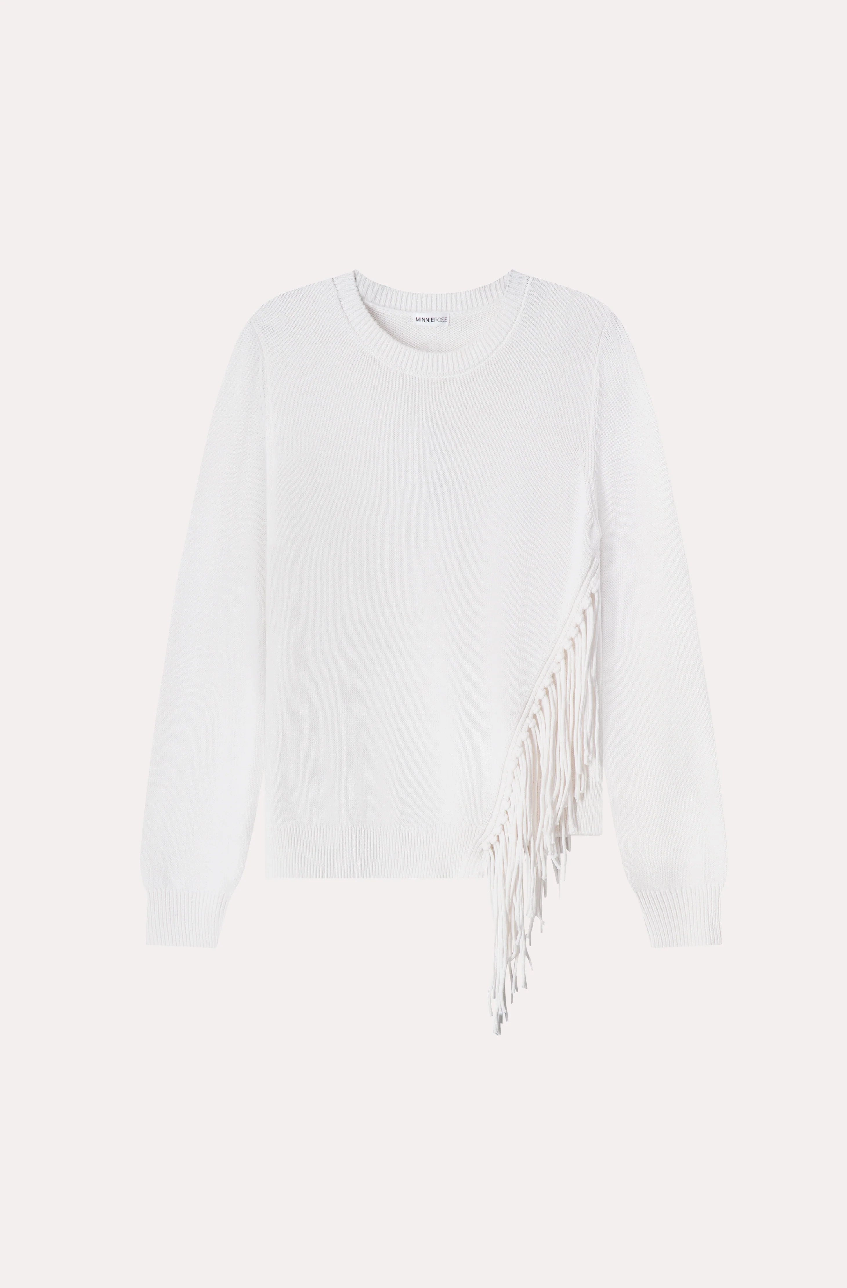 Casual Chic Ultra Soft Merino Blend Minnie Rose Cotton Cashmere Fringe Trim Crew Neck