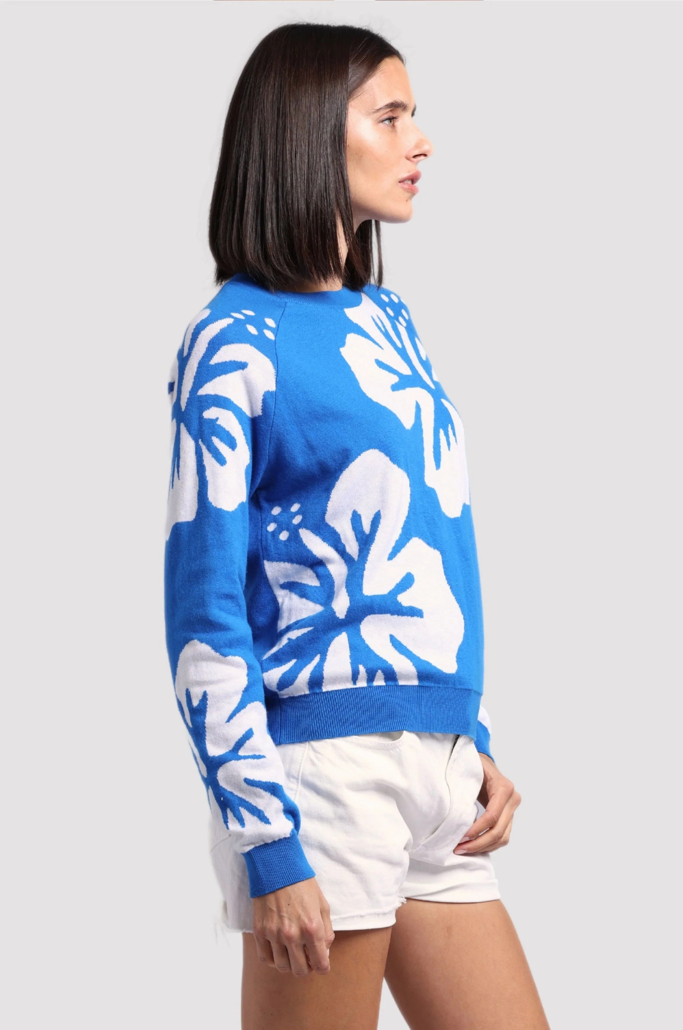 Minnie Rose Cotton Cashmere Hibiscus Reversible Crew Knitted Design