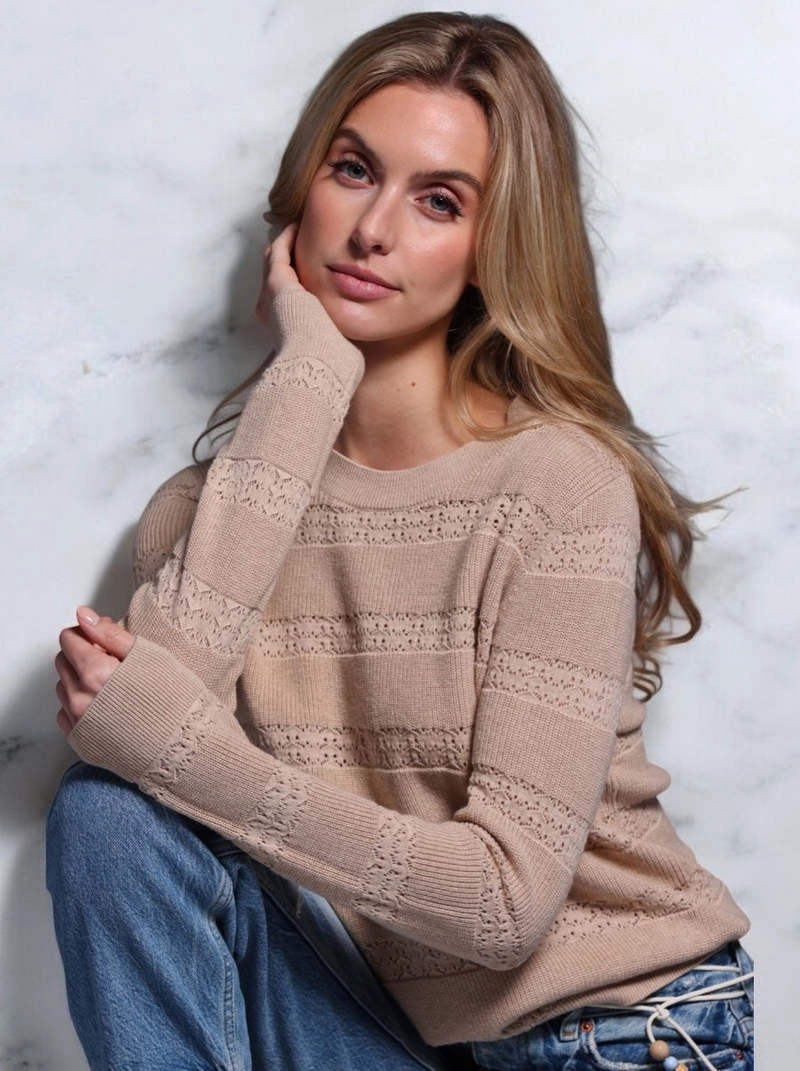 Minnie Rose Cotton Cashmere Pointelle Stripe Crew Cozy Fashion