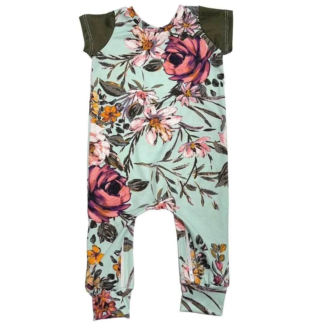 Mint Floral Zip Baby Romper