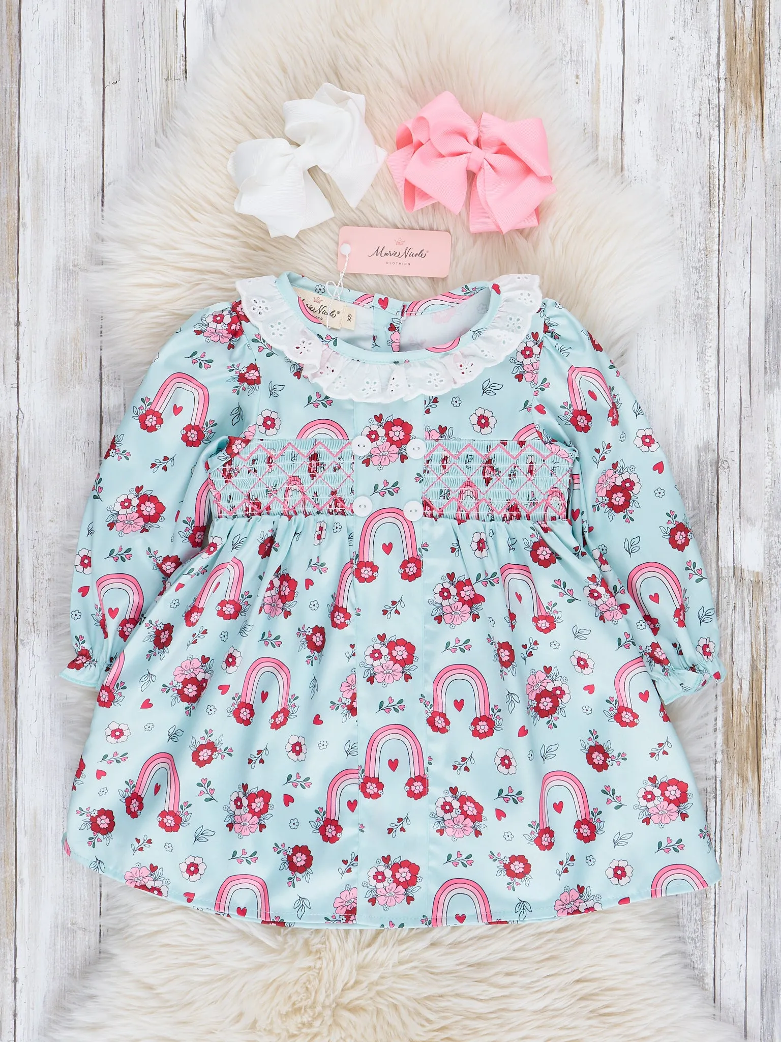 Mint Lace & Floral Rainbow Smocked Ruffle Dress