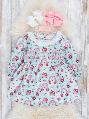 Mint Lace & Floral Rainbow Smocked Ruffle Dress