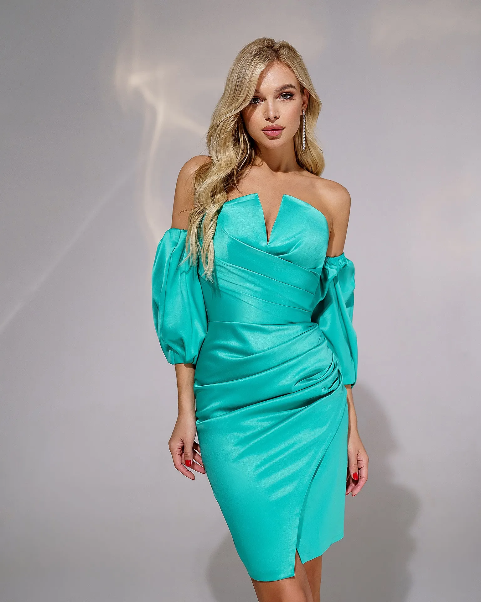 Mint Satin Puff-Sleeve Mini Dress