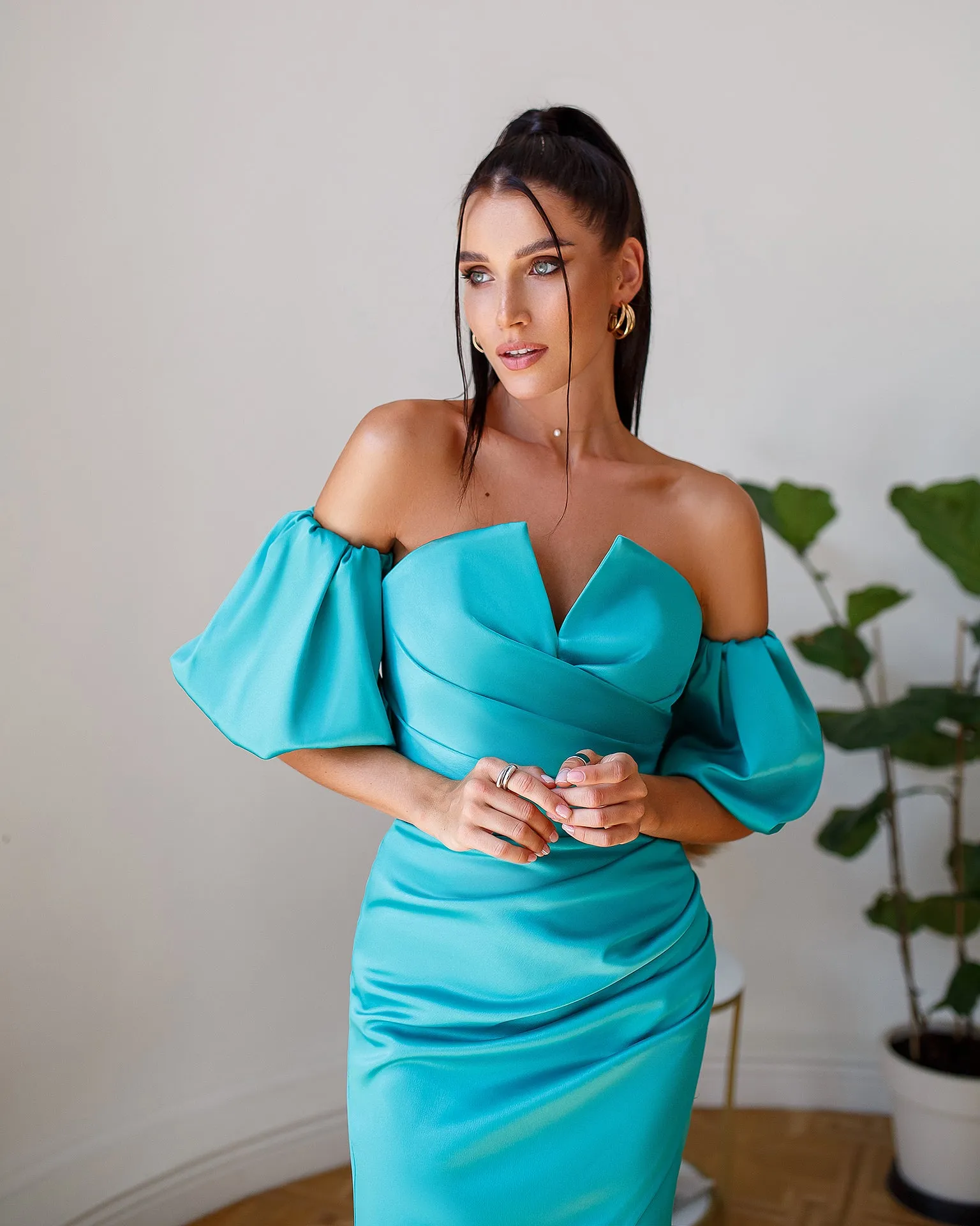 Mint Satin Puff-Sleeve Mini Dress