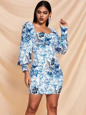 Missord Bishop Sleeve Sweetheart Neck Floral Print Dress