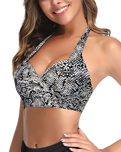 Mix And Match Halter Retro Bikini Top For Women-Orange Snake Print