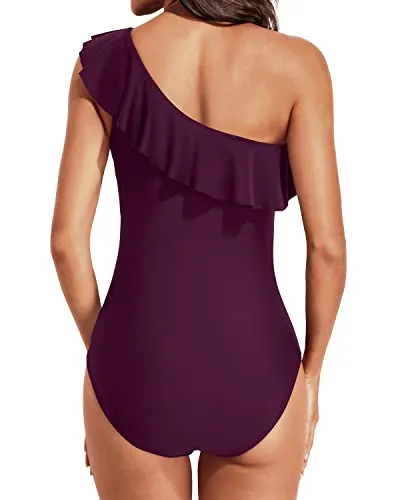 Modern Asymmetric Neckline One Shoulder Swimwear-Maroon