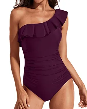 Modern Asymmetric Neckline One Shoulder Swimwear-Maroon