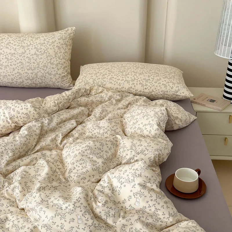 Modern Vintage Floral Double Gauze Cotton Duvet Cover Set, Purple Flat/Fitted Sheet