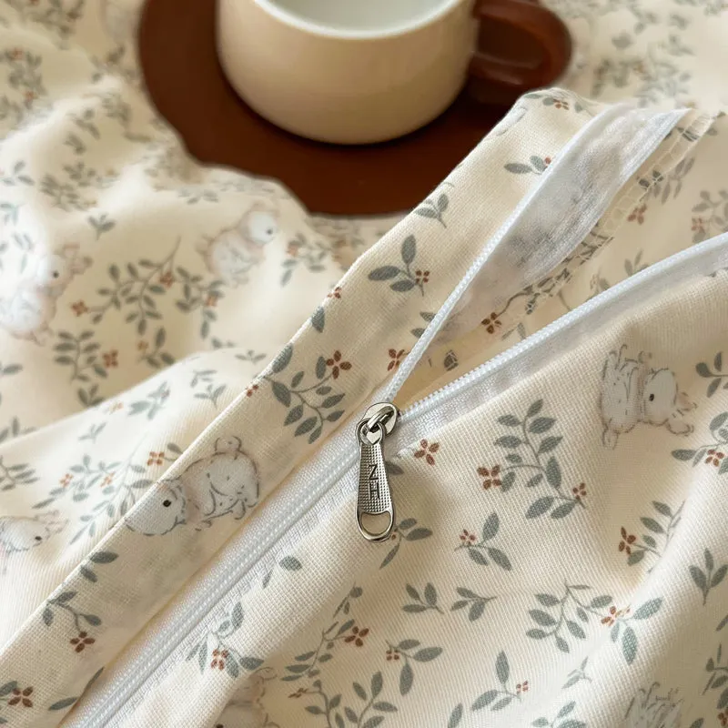 Modern Vintage Floral Double Gauze Cotton Duvet Cover Set, Purple Flat/Fitted Sheet