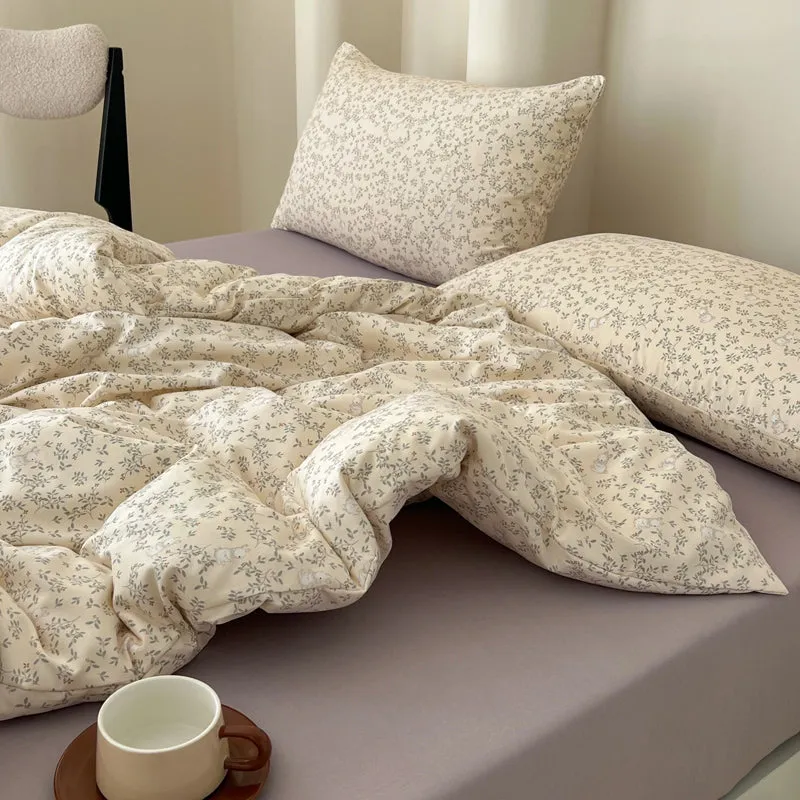 Modern Vintage Floral Double Gauze Cotton Duvet Cover Set, Purple Flat/Fitted Sheet