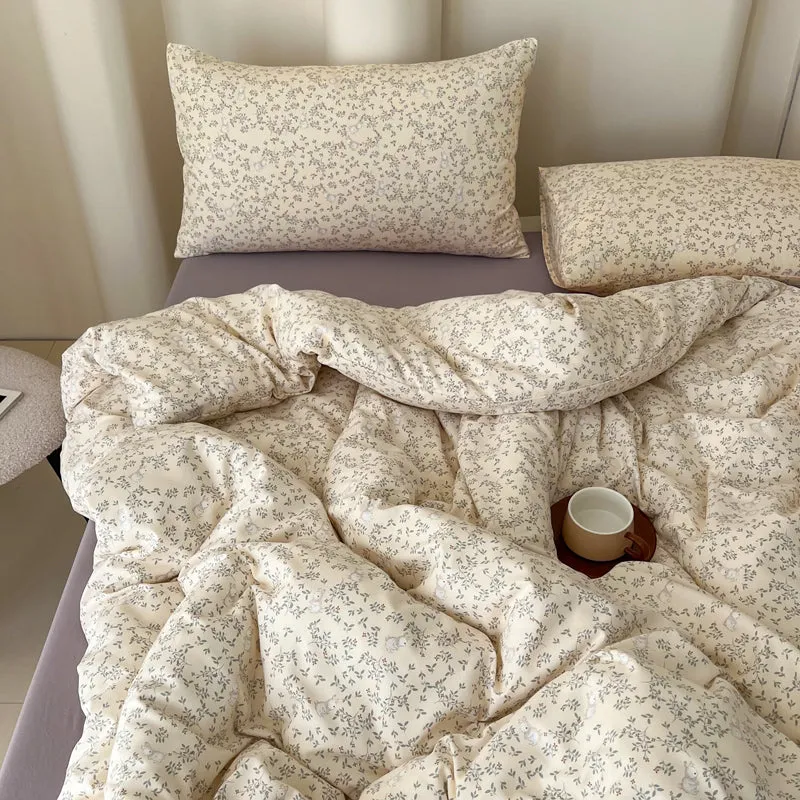 Modern Vintage Floral Double Gauze Cotton Duvet Cover Set, Purple Flat/Fitted Sheet